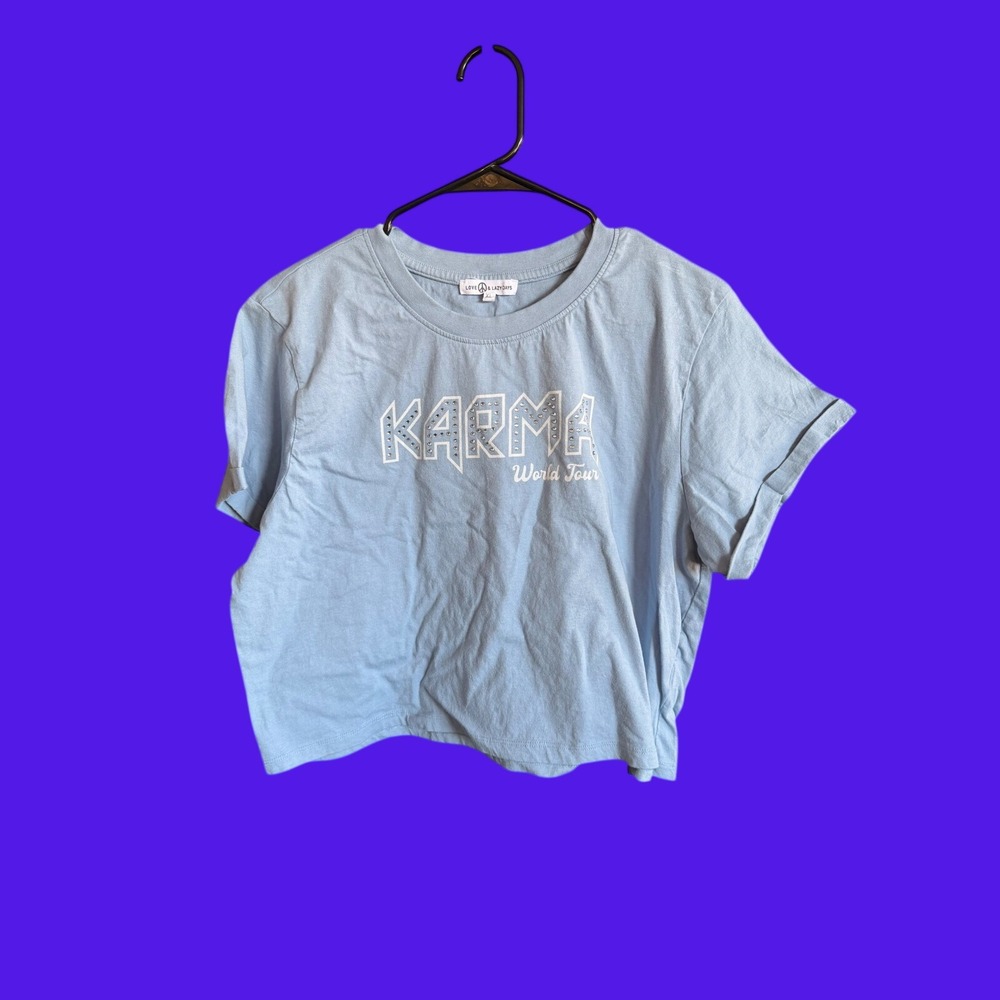 Love & Lazy Days Karma World Tour Cropped Graphic Tee Blue XL Taylor Swift Style